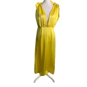 Bernadette 38/US 6 Yellow Gold V Neck Tie Shoulder 100% Silk Maxi Dress Luxury